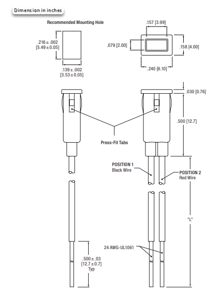 Mechanical Drawing - Dialight 559 Rectangle Series Snap-in LED Indicators